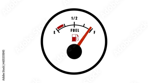 Animated car fuel gauge car measurement. Refueling required, running out of gas. Cartoon looped video isolated on white background