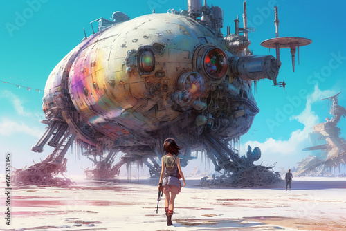 girl on the beach in front of crashed spaceship, Generative AI