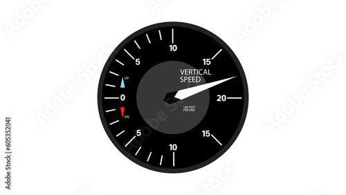 Animated airplane vertical speed sensor. Board of measuring instruments in cockpit of helicopter pilot. Cartoon looped video isolated on white background