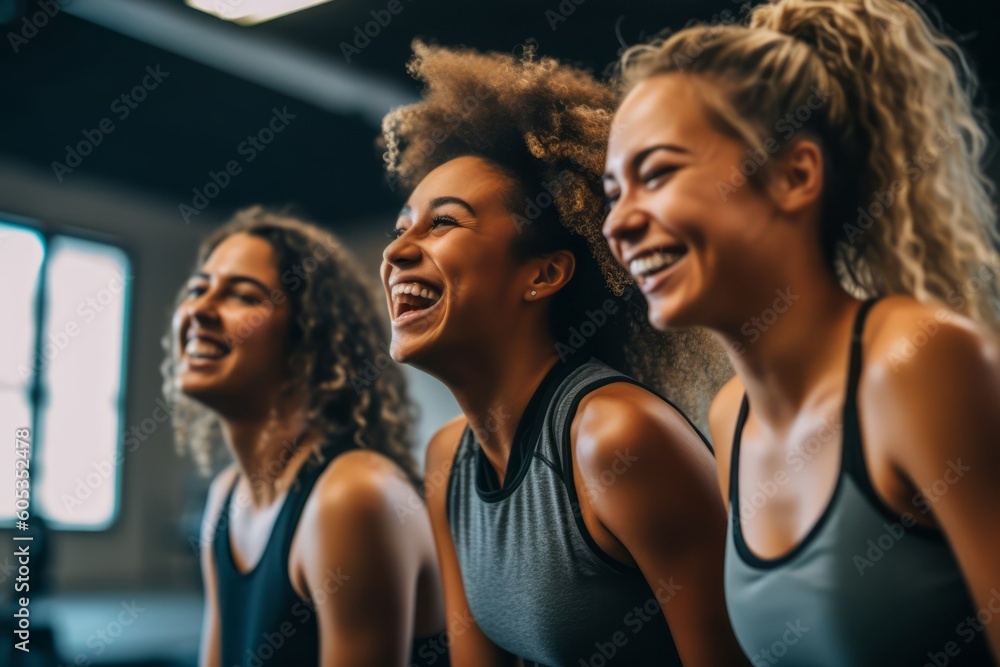 Fun in fitness clothing. Three female friends laughing happily in a gym. Generative AI Fun in fitness clothing. Three female friends laughing happily in a gym. Generative AI