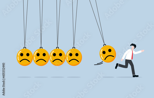 Escaping toxic environment, emotional control to be far away from negative mood, exit strategy from sadness concept, Businessman running away from pendulum effect of unhappy face.