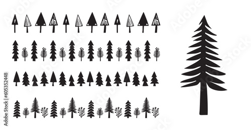 Scandi woodland tree banner in low brow style. Quirky nature forest borders for hand drawn linocut graphic design. 