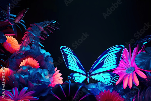 Tropical leaves, large exotic flowers and neon butterflies on black background. Exotic botanical design for cosmetics, spa, perfume, beauty salon, travel agency, florist shop. 
