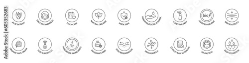 Natural organic cosmetic. Bio product sticker. Cosmetic line icon set. Skin superfood. Certified organic. GMO free. Product free allergen label. Dermatological control. Vegan. Vector illustration