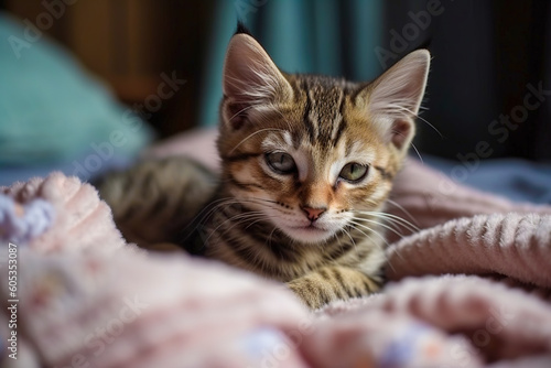 Striped Kitten Sleeping. Kitty Sleeping on a Fur White Blanket. Baby Cat Sleeping. Concept adorable pets cats. 