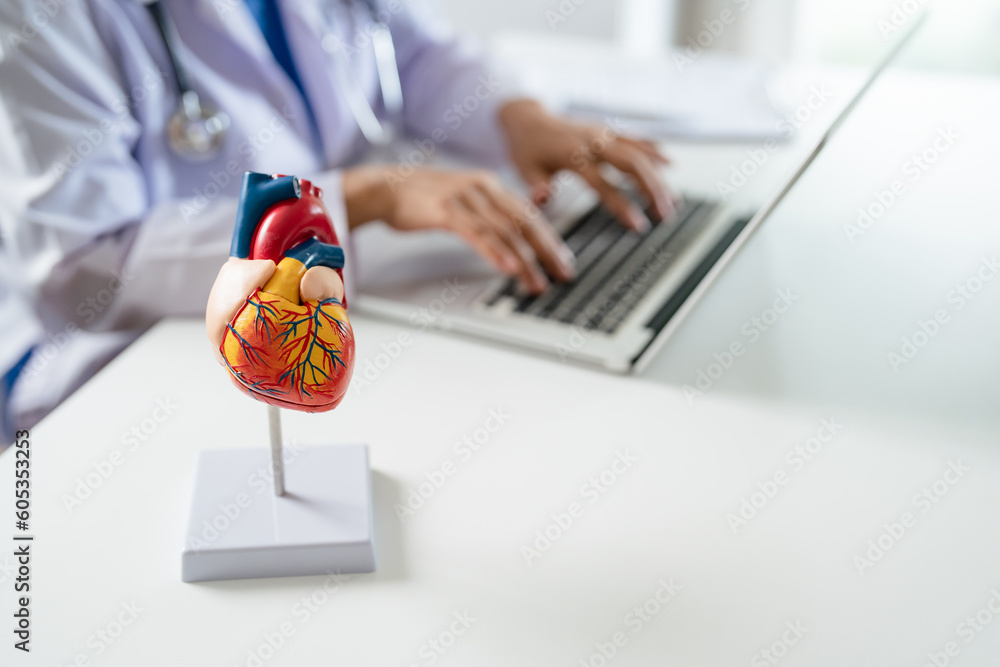 doctor cardiologist working in the clinic, Selective close up on heart model. . - obrazy, fototapety, plakaty 