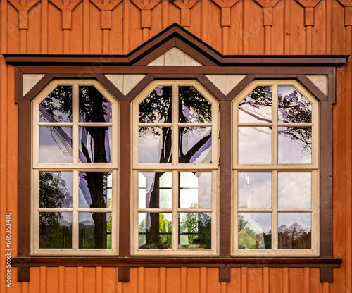 General view and architectural details of the temple of the Orthodox Church of the Holy Apostles Peter and Paul built of wood in 1867 in Samogr  d  Podlasie  Poland.