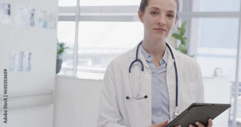 Portrait of happy female doctor using tablet and smiling in hospital, in slow motion Portrait of happy female doctor using tablet and smiling in hospital, in slow motion
