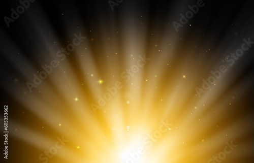 Gold sparkle rays glitter lights with bokeh elegant lens flare abstract background. Dust sparks background.