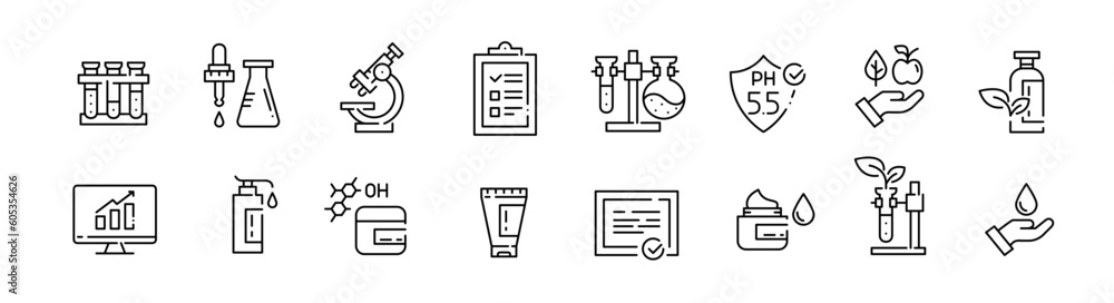 Cosmetics production icons. Laboratory process, ingredients and data ...