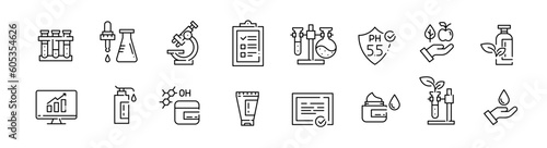 Cosmetics production icons. Laboratory process, ingredients and data analytics. Pixel perfect, editable stroke icon set
