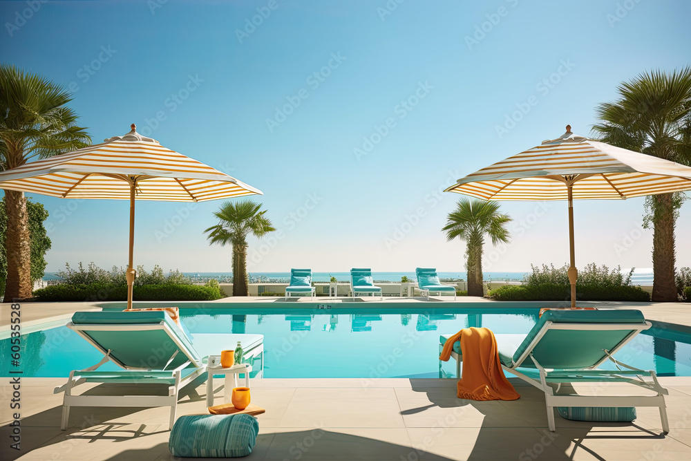 A luxurious poolside scene with comfortable lounge chairs, colorful pool floats and inviting umbrellas, all set against a backdrop of a clear blue sky. AI Generative