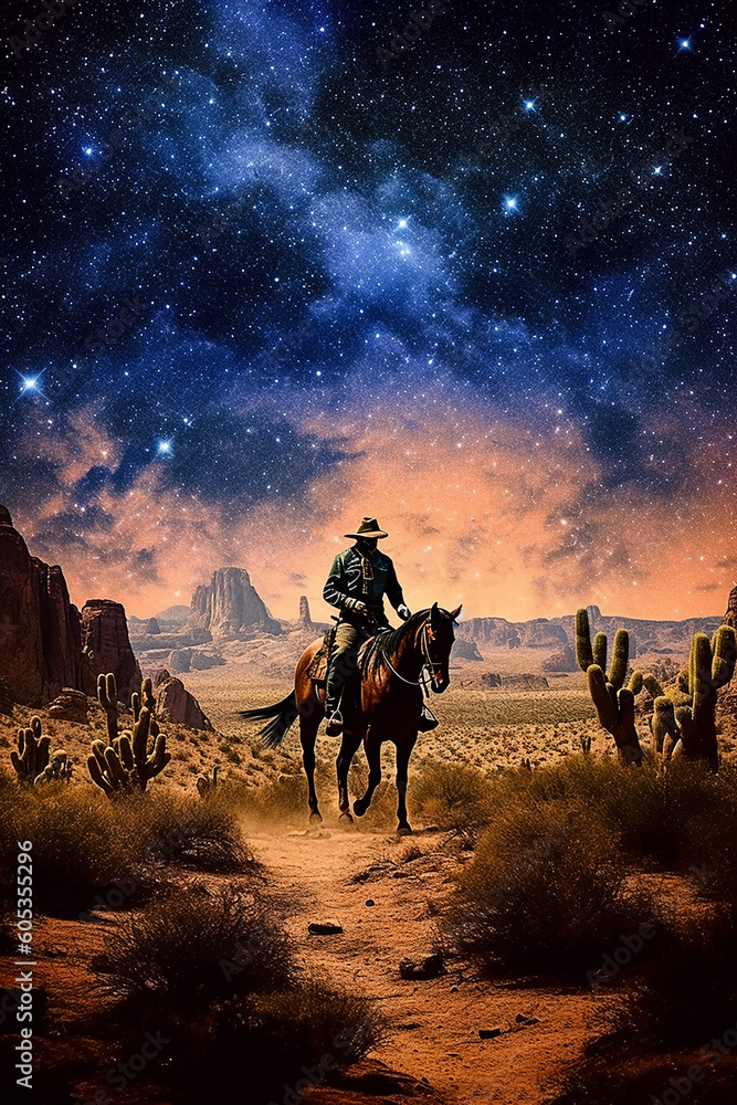 Cowboy on a Horse at Night. Generative AI.
A digital painting of a lonely cowboy on a horse traveling at night under a starry sky.