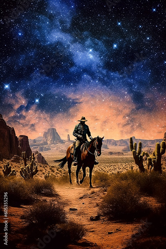 Cowboy on a Horse at Night. Generative AI. A digital painting of a lonely cowboy on a horse traveling at night under a starry sky.
