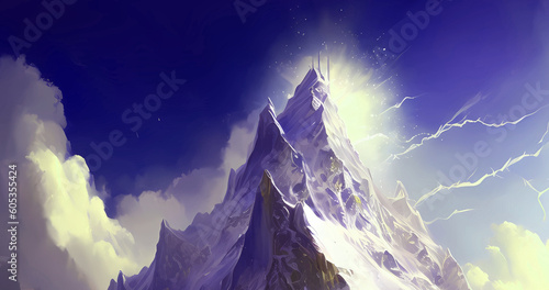 Beautiful landscape illustration concept with big fantastic mountains with snow for nature background