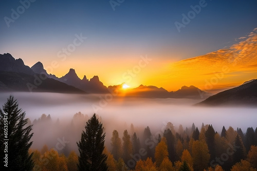 Misty mountain landscape during a sunrise