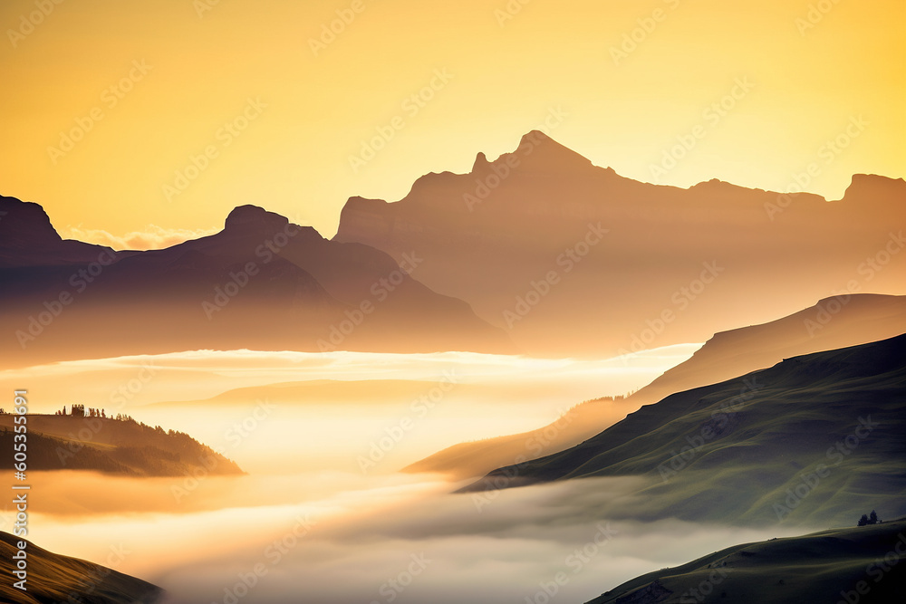 Obraz premium Misty mountain landscape during a sunrise