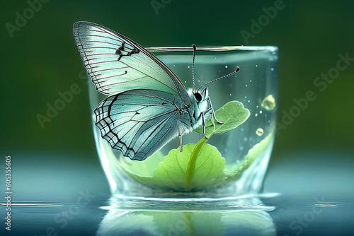 Green butterfly and glass of water, environment and natural resources concept, generative ai