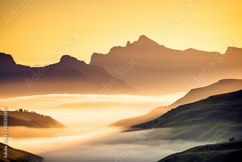 Misty mountain landscape during a sunrise