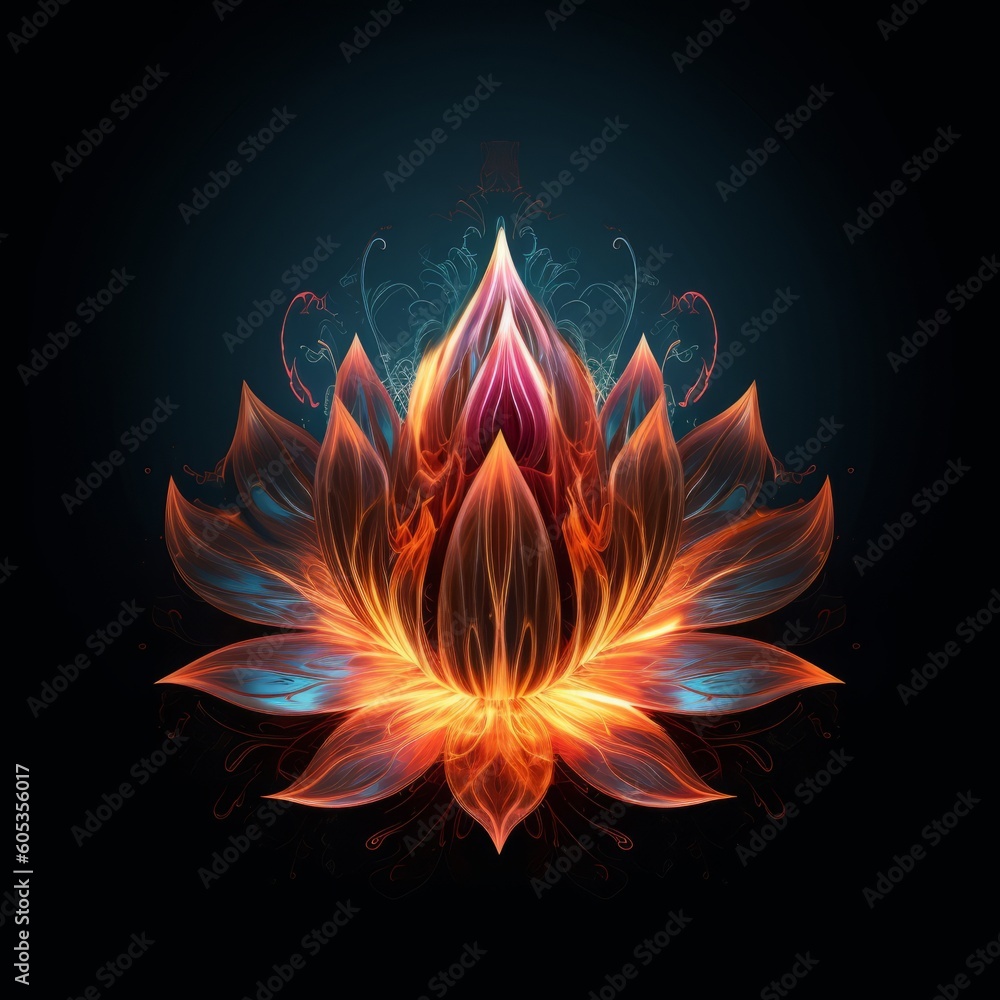 Illustration of Flames in Form of Lotus Flower on Black Background, Generative AI Illustration of Flames in Form of Lotus Flower on Black Background, Generative AI