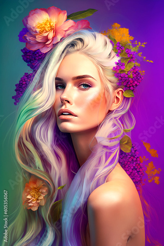 Luxurious fantasy hairstyle for long blonde hair with multi-colored flower decorations. Generative AI. © Zelma
