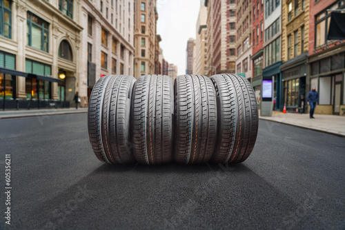 A asphalt road in in big city street with new car tire set. photo