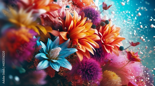 Close-up portrait of vibrant flowers in fantasy background. Wildlife nature. Generative AI.