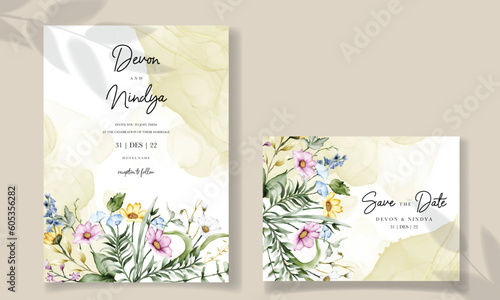 Elegant wedding invitation card with beautiful watercolor flowers