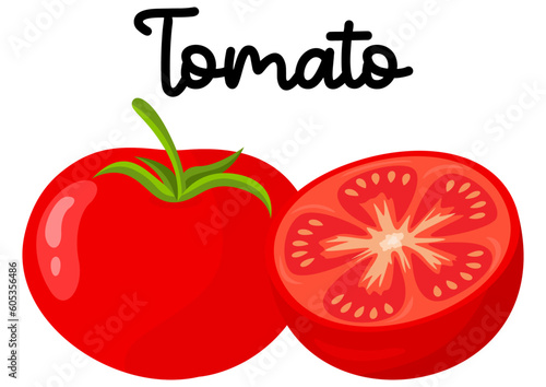 Red fresh tomatoes with the word tomato