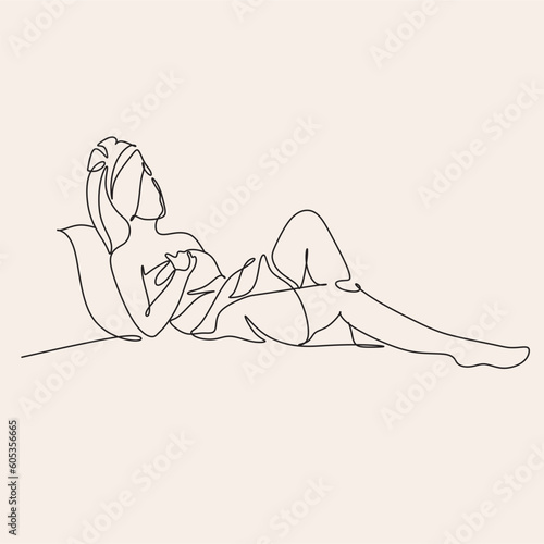 Woman in a towel line drawing. Line art bathroom print. Minimal sexy woman portrait. Spa salon illustration. Self-care concept. Morning routine. Bath time. Abstract Minimal female art