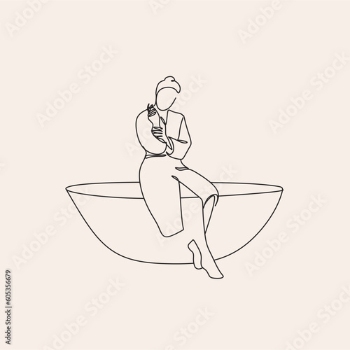 Woman in a towel line drawing. Line art bathroom print. Minimal sexy woman portrait. Spa salon illustration. Self-care concept. Morning routine. Bath time. Abstract Minimal female art