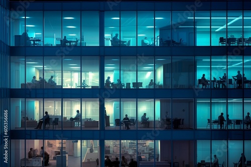 Office Employees in a Building with Radiant Windows. AI