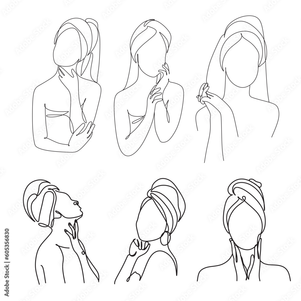 Woman in a towel line drawing. Line art bathroom print. Minimal sexy woman portrait. Spa salon illustration. Self-care concept. Morning routine. Bath time. Abstract Minimal female art