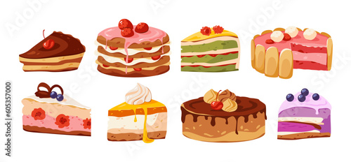 Delicious cakes and pastries set. Pieces of cake with different fillings. Tasty birthday food. Cartoon vector illustration.