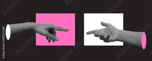 Set of hands. Isolated dark background. Collage elements for a message using the hands. Vintage illustration with dotted pop art. Pink and white rectangles
