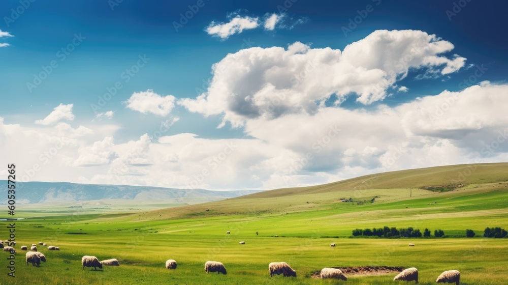 Beautiful countryside landscape with with huge white fluffy clouds, mountains and sheeps grazing