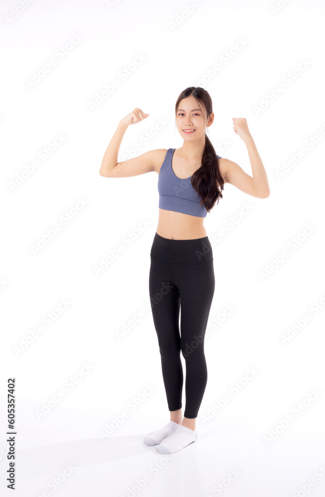 Portrait of beautiful young asian woman in sportwear showing strong muscles isolated on white background, sport and exercise for health, training and strength, female slimming with confident. Portrait of beautiful young asian woman in sportwear showing strong muscles isolated on white background, sport and exercise for health, training and strength, female slimming with confident.
