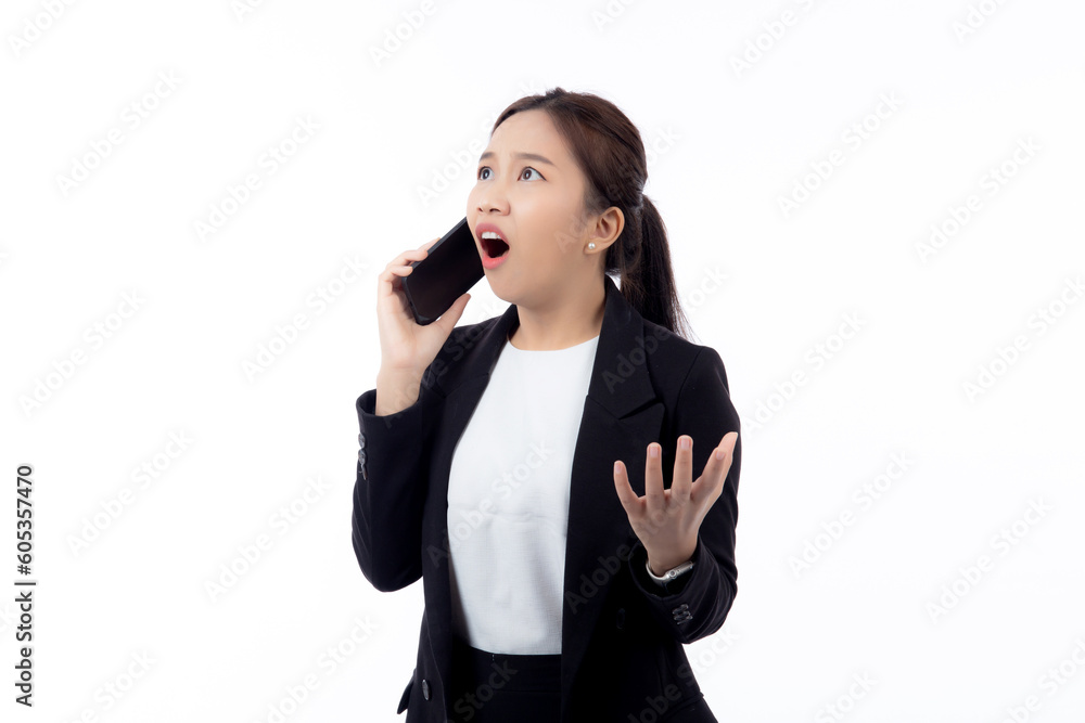 Portrait young asian businesswoman talking and shout with annoyed calling on smart phone isolated on white background, business woman shout and stress with anger, communication and emotion concept. Portrait young asian businesswoman talking and shout with annoyed calling on smart phone isolated on white background, business woman shout and stress with anger, communication and emotion concept.