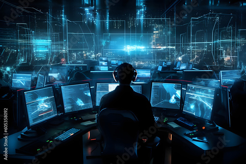 man in a control room cybersecurity concept - generative AI