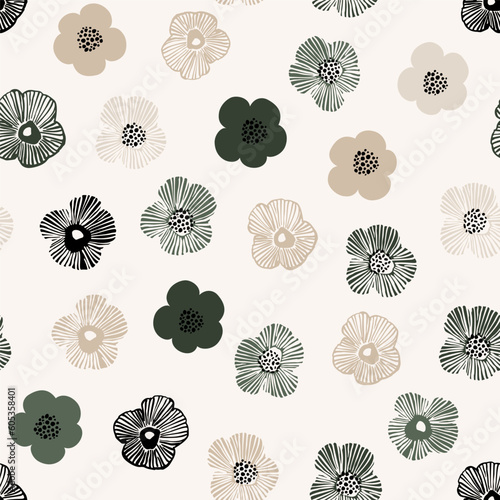 Abstract simple flowers print. Beige green black colored daisy flowers with dotted doodle texture background
