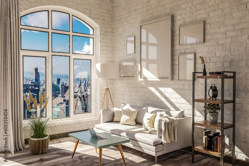 luxurious loft apartment with arched window and panoramic view over urban downtown  noble interior living room design mock up  3D Illustration © Imillian