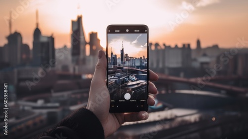 A person taking a picture of a city at sunset. Generative AI image.