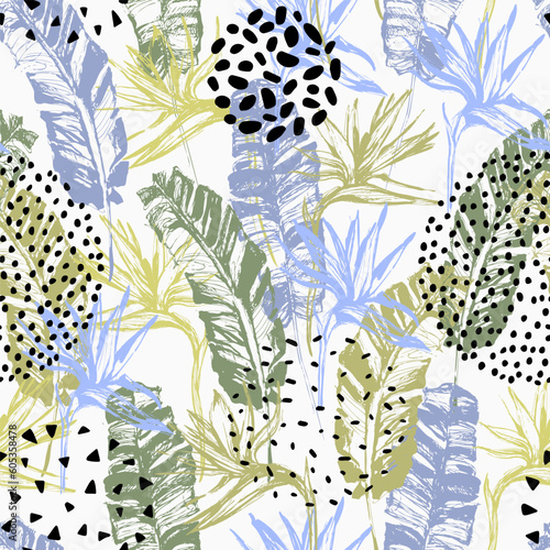 Grunge tropical leaves, flowers, dotted circles seamless pattern.