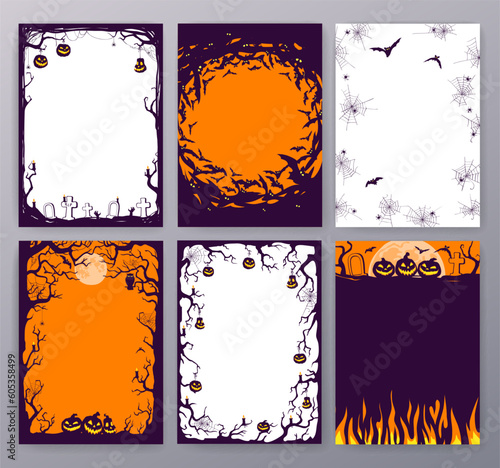 Big set of Halloween night background with bats, spiders and Jack O' Lanterns pumpkin. Vector posters photo