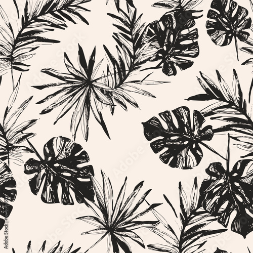 Grunge tropical leaves, dots seamless pattern.