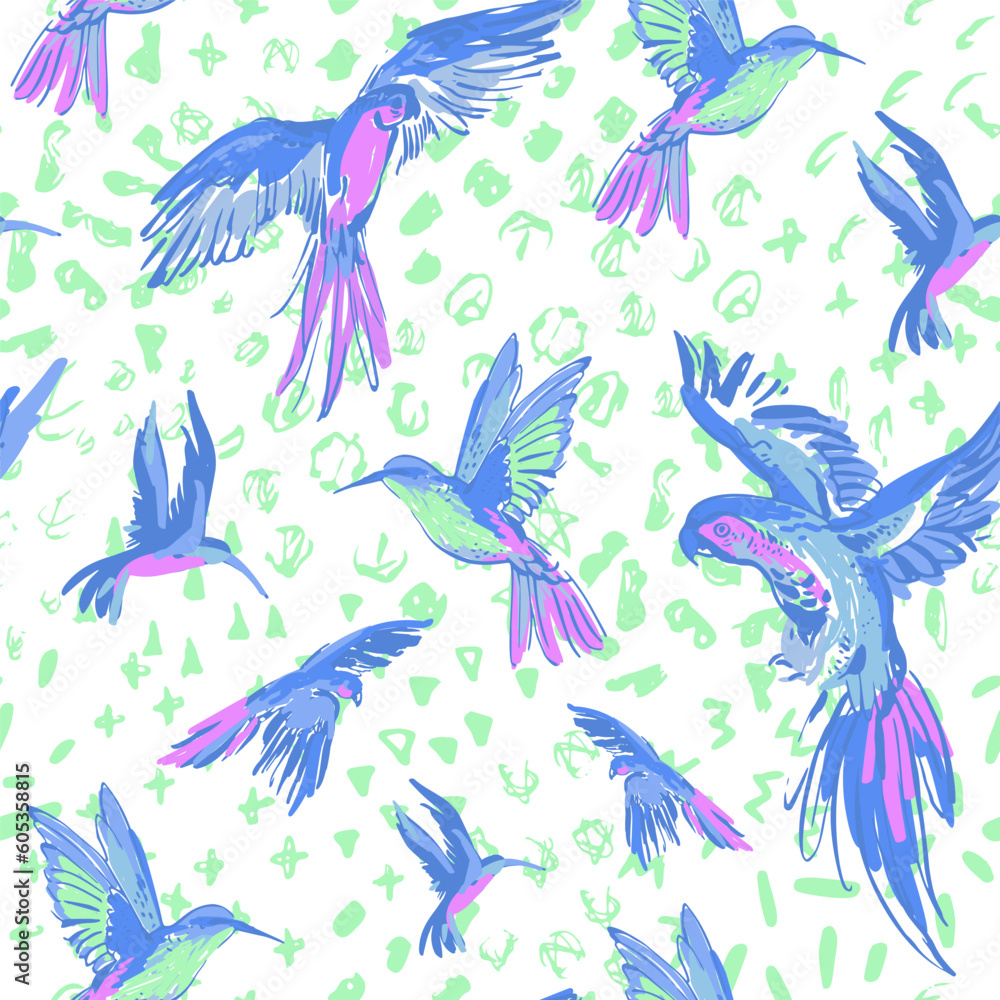 Creative grunge flying parrots doodle seamless pattern Creative grunge flying parrots doodle seamless pattern