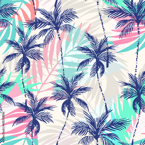 Abstract pink coconut trees on palm leaves background
