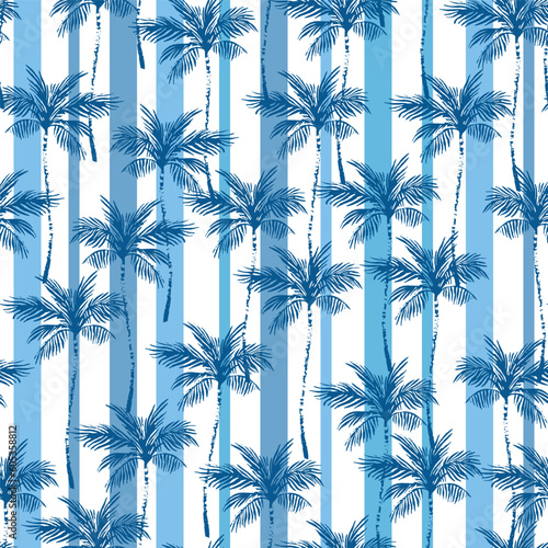 Navy blue coconut palm trees on striped background. Seamless tropical pattern.