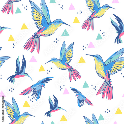 Tropical birds on abstract geometric shapes doodles background