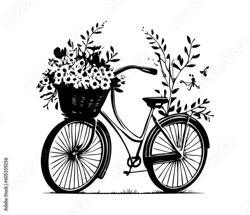 Romantic bike with spring flowers. Retro bike carrying basket, with flowers and plants.